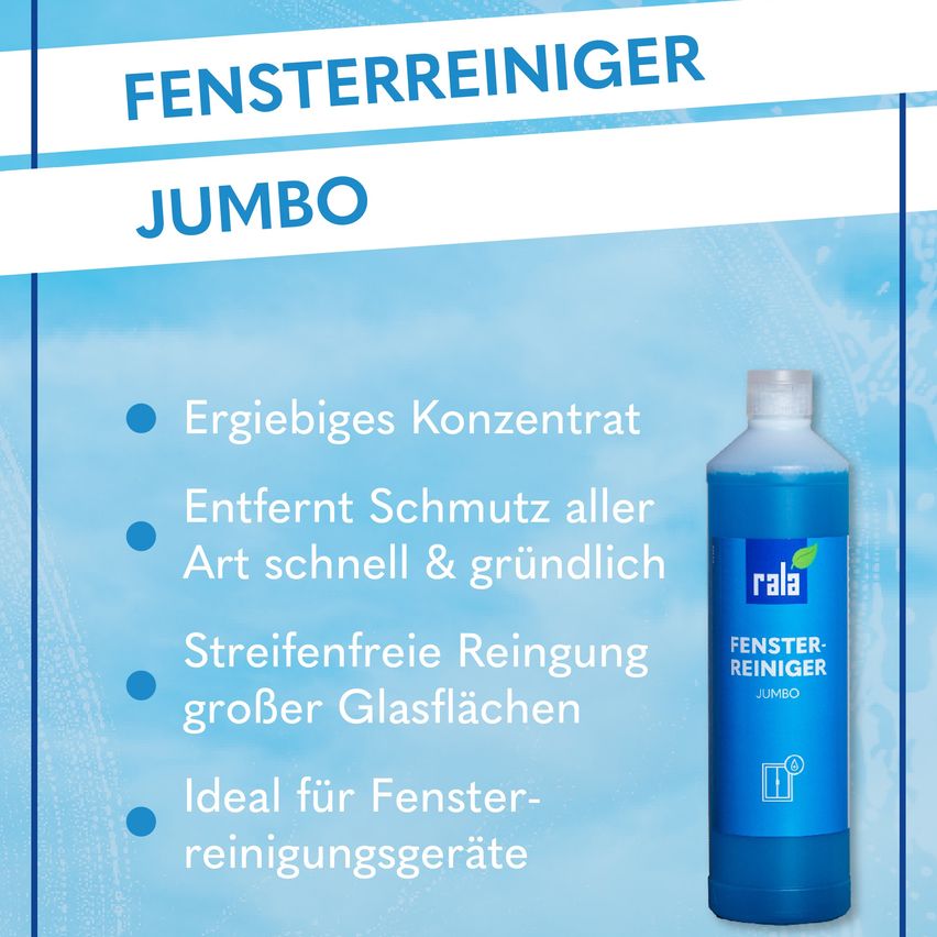 Blaue Flasche Fensterreiniger, leistungsstarkes Konzentrat, entfernt schnell und gründlich alle Verschmutzungen, streifenfreie Reinigung, ideal für große Glasflächen.