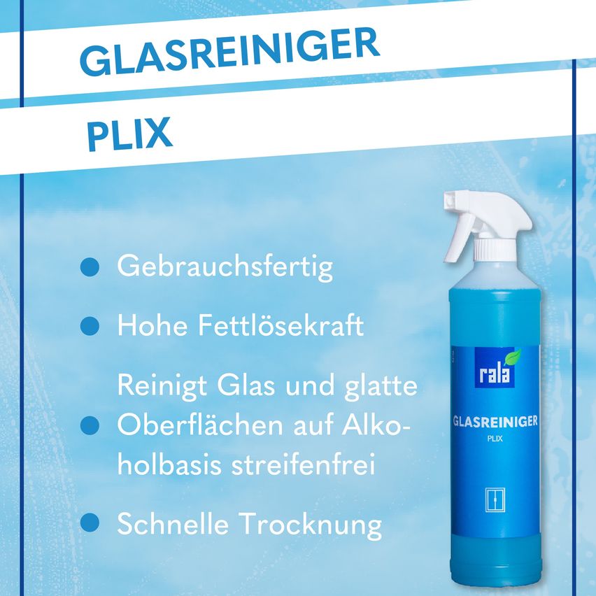 Eine Werbung für PIX GLASSREINIGER, eine Glasreinigerflasche mit blauem Verschluss und einer Liste ihrer Eigenschaften. Die Flasche ist mit 'GLASSREINIGER' und 'PIX' beschriftet.