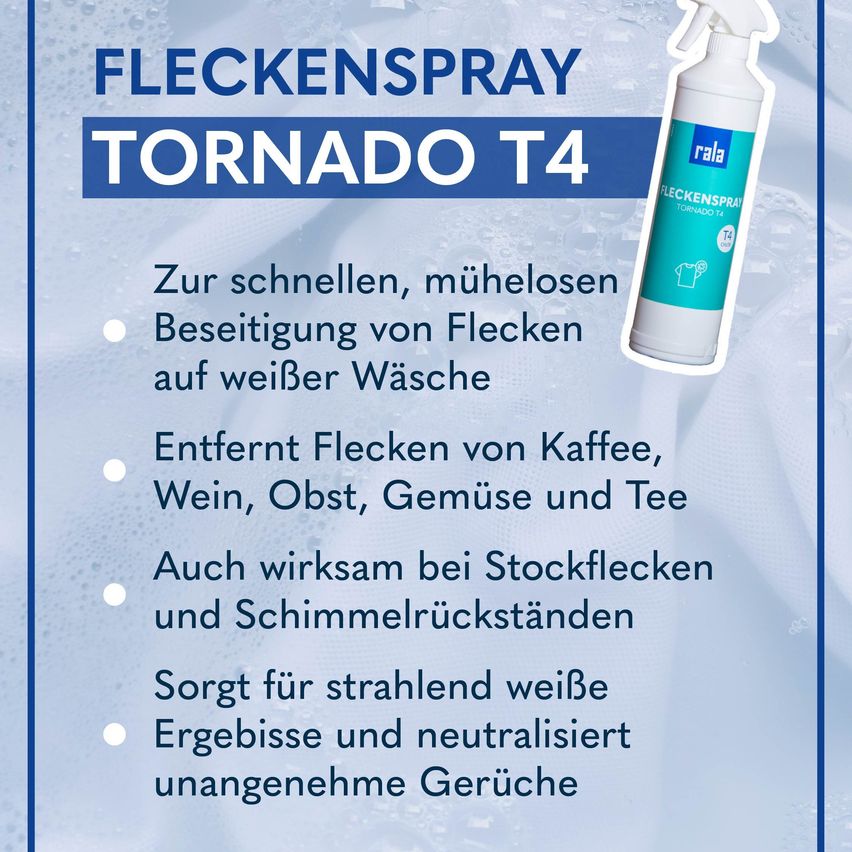 Tornado T4 Fleckenspray für schnelle, mühelose Entfernung von Flecken auf weißer Wäsche. Entfernt Flecken von Kaffee, Wein, Obst, Gemüse und Tee. Wirksam gegen Stockflecken und Schimmel. Sorgt für strahlend weiße Ergebnisse und neutralisiert unangenehme Gerüche.