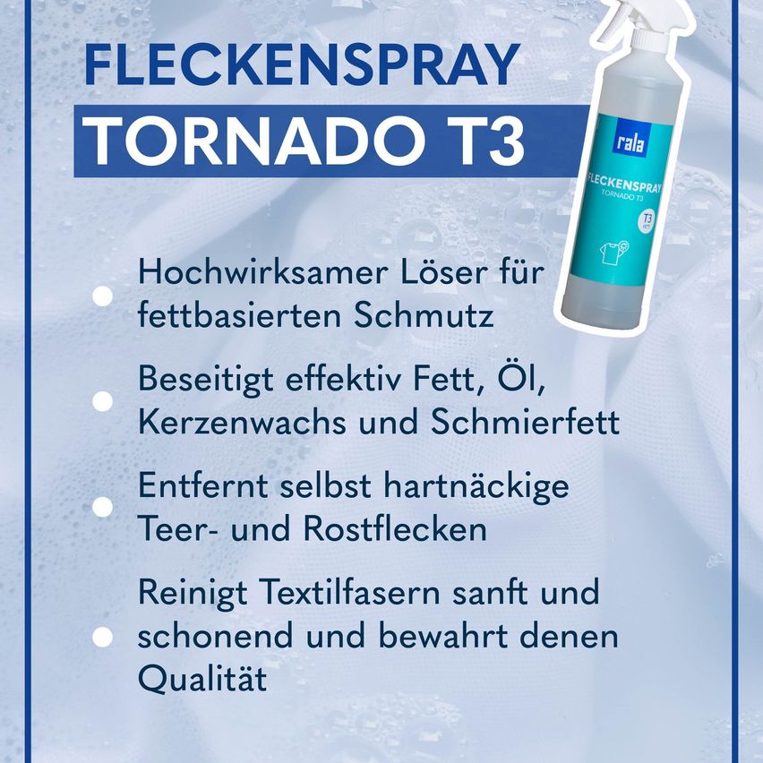 Der Tornado T3 Fleckenspray ist hochwirksam gegen fettbasierte Flecken. Er entfernt effektiv Fett, Öl, Wachs und Schmierfett. Er reinigt Textilfasern sanft und bewahrt deren Qualität.