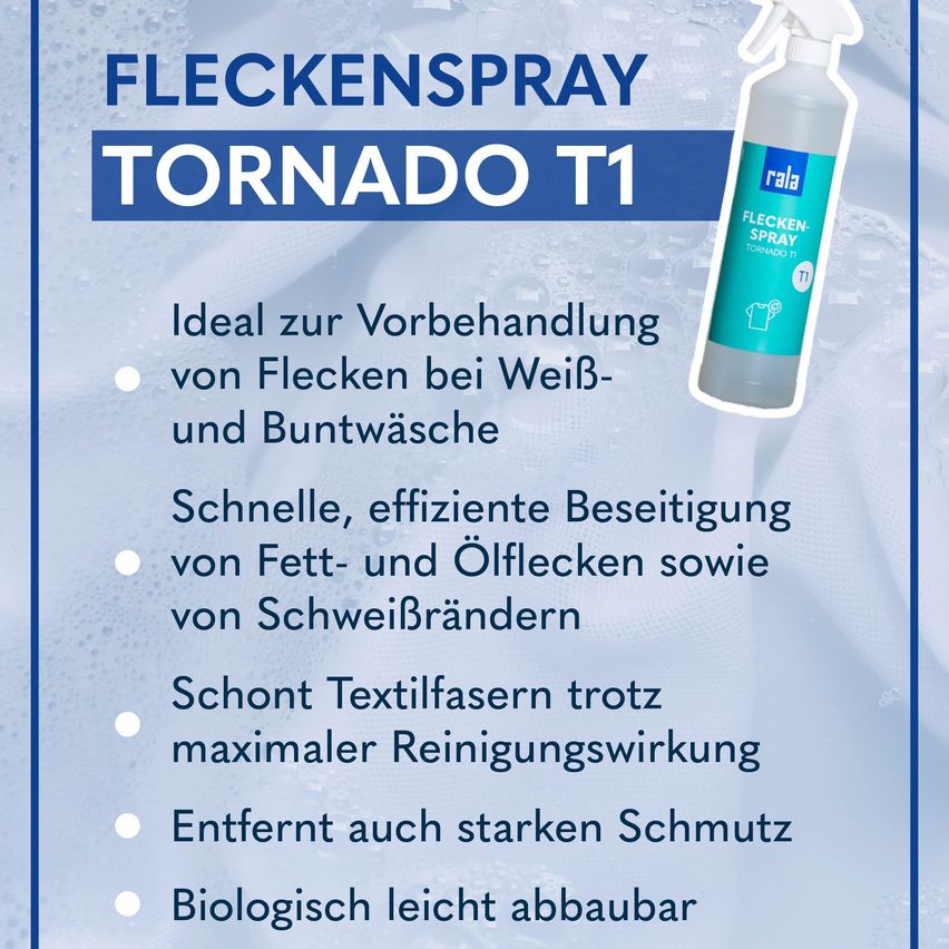 Werbung für Tornado T1 Fleckenspray. Es ist ideal zur Behandlung von Flecken auf weißer und farbiger Wäsche, entfernt effektiv Fett- und Ölflecken sowie Schweißflecken und schützt Textilfasern beim Entfernen von hartnäckigen Verschmutzungen. Es ist auch biologisch abbaubar.