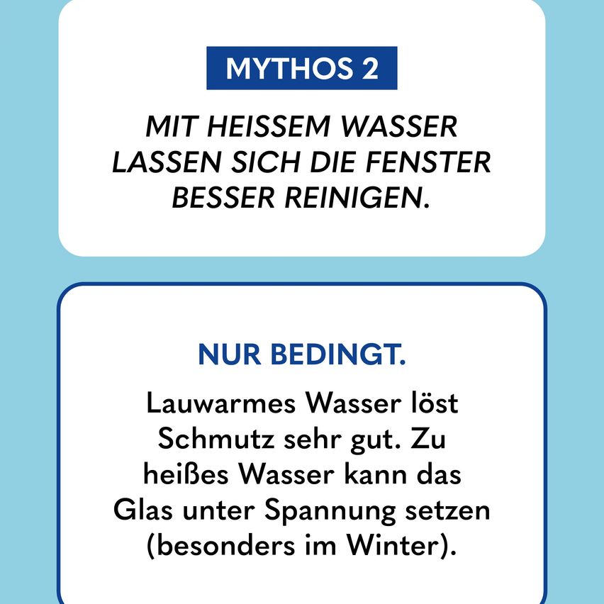 Ein Poster bewirbt einen Reinigungsmythos. Es besagt 'Mythos 2: Mit heißem Wasser reinigen sich die Fenster besser.' Es fährt fort mit 'Nur bedingt.' Es erklärt, dass lauwarmes Wasser Schmutz sehr gut entfernt. Bei heißem Wasser kann das Glas unter Spannung geraten (besonders im Winter).