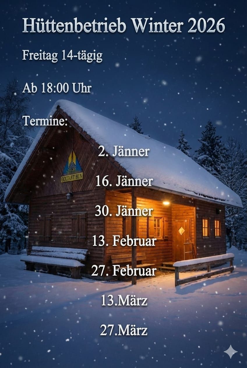 Eine hölzerne Hütte, die mit Schnee bedeckt ist, mit einer beleuchteten Tür und einer Bank. Ein Zeitplan mit Daten wie 2. Januar, 16. Januar, 30. Januar, 13. Februar, 27. Februar und 13. März.