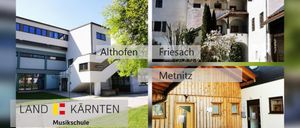 Eine Collage aus drei Gebäuden: ein modernes weißes Gebäude in Althofen, ein historisches weißes Gebäude in Friesach und ein Holzhaus in Metnitz, alle unter der Flagge von Karnten mit dem Text 'Musikschule'.
