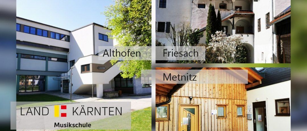 Drei Bilder von Gebäuden, eines in Althofen, ein weiteres in Friesach und das letzte in Metnitz. Alle Bilder haben einen Wasserzeichen mit der Aufschrift 'Kärnten Musikschule'.