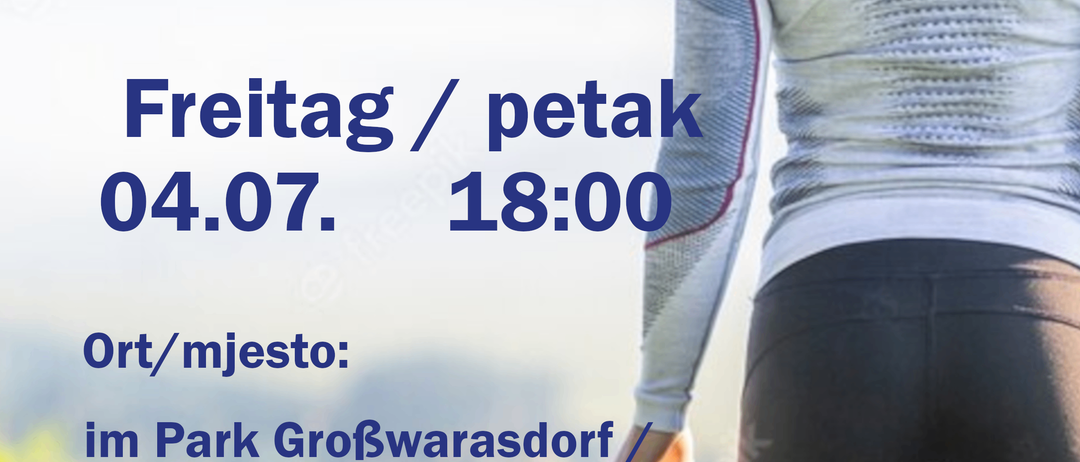 Ein Plakat bewirbt eine kostenlose Fitnessveranstaltung im Veliko Boristofu Park. Es findet am Freitag, den 4. Juli um 18 Uhr statt. Der Ort ist der Veliko Boristofu Park. Die Teilnahme ist kostenlos. QR-Code für weitere Informationen.