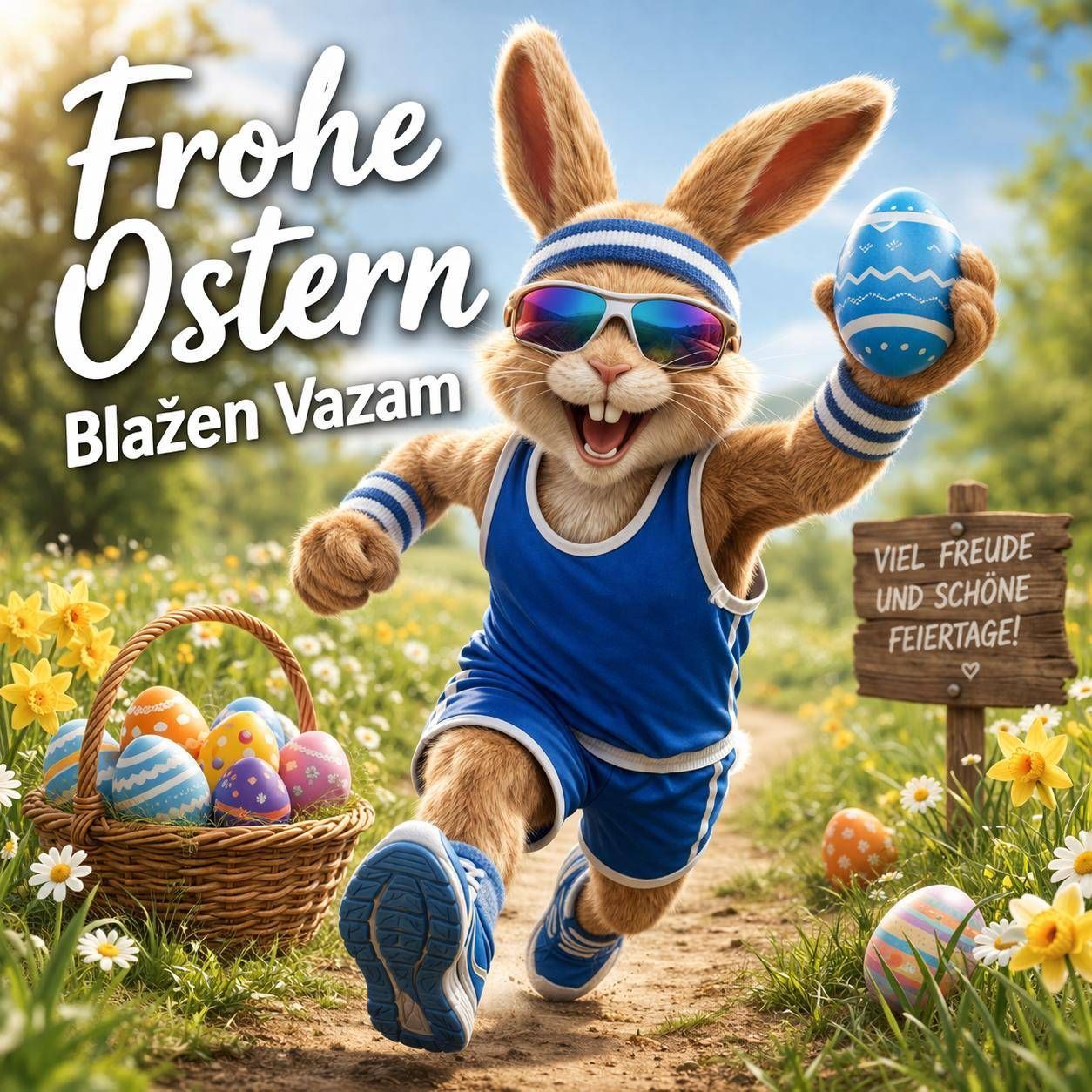 A bunny in blue sports attire sprints with an Easter egg, holding another. A basket of Easter eggs is nearby. A sign reads 'Viel Freude und schöne Feiertage!' with flowers in the background.