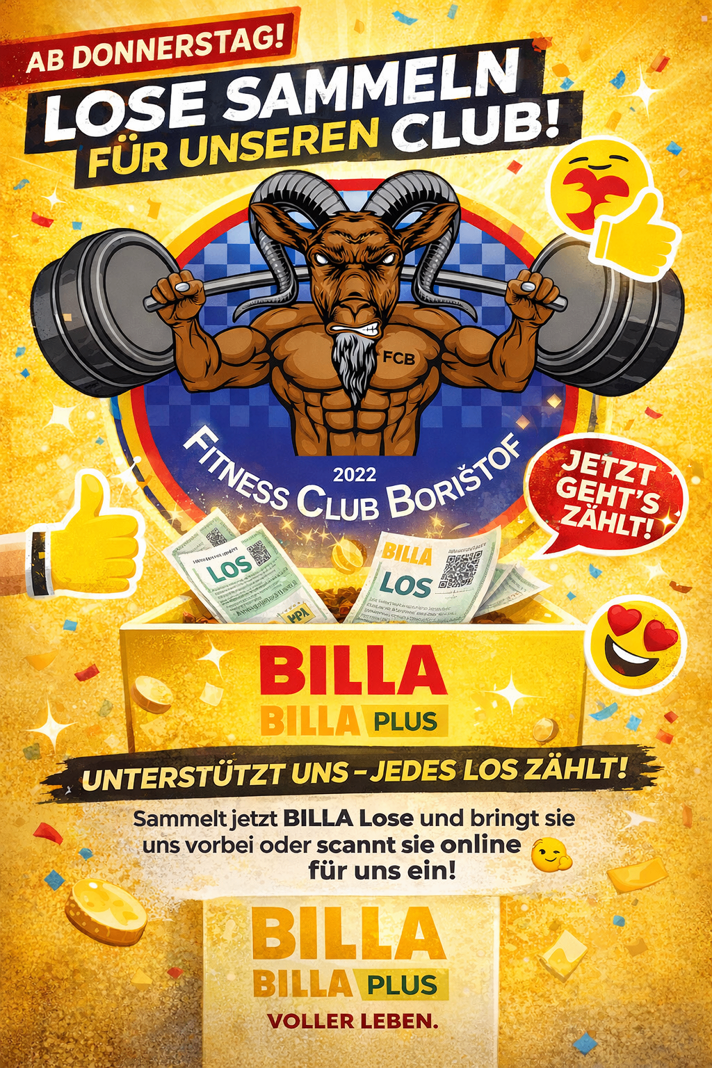 Werbung für Fitness Club Boristof 2022 mit einem Ziegenbock, der Gewichte hebt, auf gelbem Hintergrund mit verschiedenen Emojis. Sammeln Sie BILLA Punkte für Spenden.