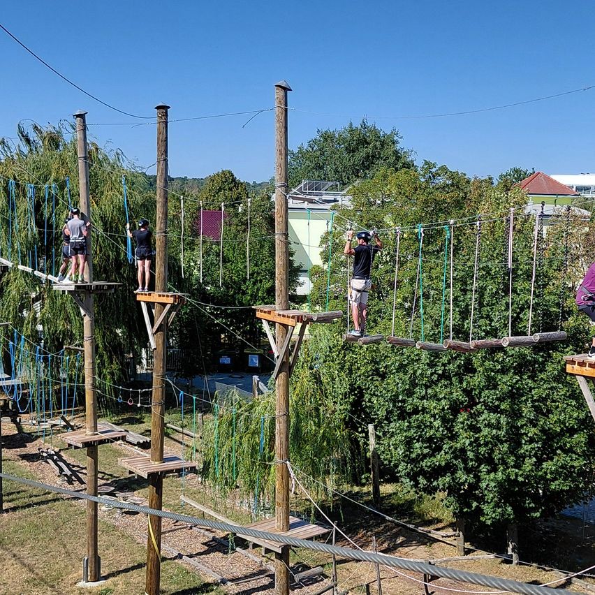 A group of people are participating in an outdoor adventure course, navigating through a series of wooden platforms and rope bridges suspended above the ground.