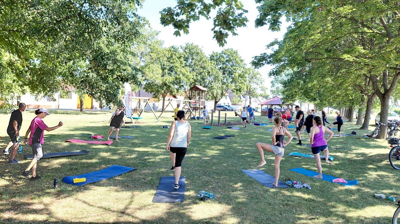 A group of people are doing yoga in a park with trees and a playground in the background.