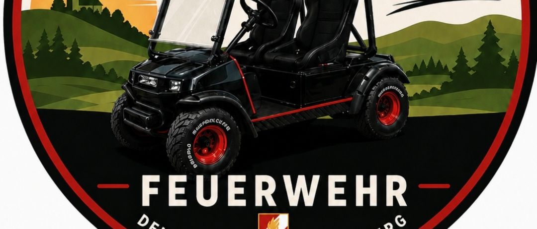 Plakat für das Treffen der Deutschen Feuerwehr Kaltenbrunn Berg im Jahr 2026. Zeigt einen schwarzen Golfwagen, Datum, Uhrzeit und Ort.