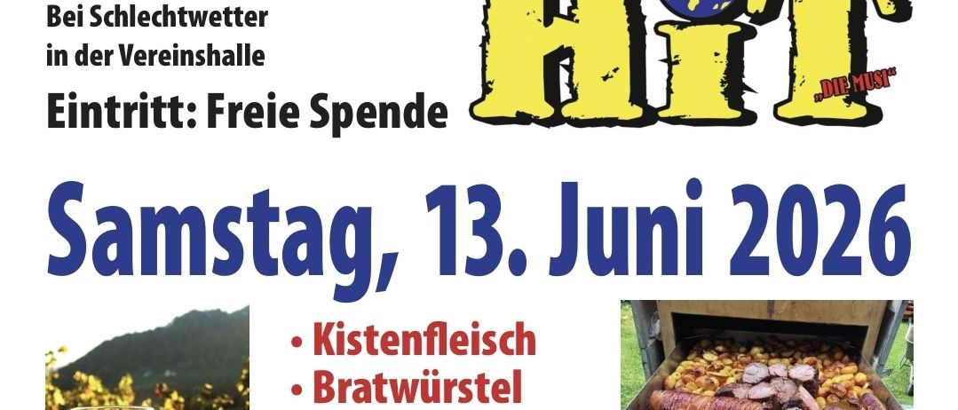 Veranstaltungsplakat für Shoppen mit HIT. Beginn: 17 Uhr. Eintritt: Frei. Am Samstag, 13. Juni 2026, genießen Sie Bratwurst, Wein, Barbecue, Hüpfburg und eine Schatzsuche.