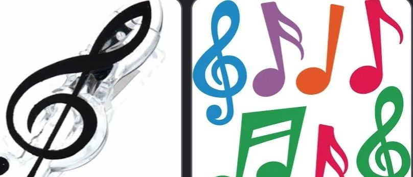 Links ist ein klarer Violinschlüsselclip, rechts bunte Musiknoten. Die Noten sind blau, lila, orange, rot, grün und pink.