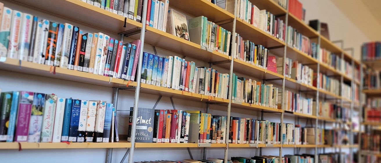 Eine Bibliothek gefüllt mit Büchern in verschiedenen Farben und Größen auf Holzregalen. Jedes Buch hat ein Etikett, und einige Bücher haben Aufkleber darauf. Die Regale sind in Reihen angeordnet.