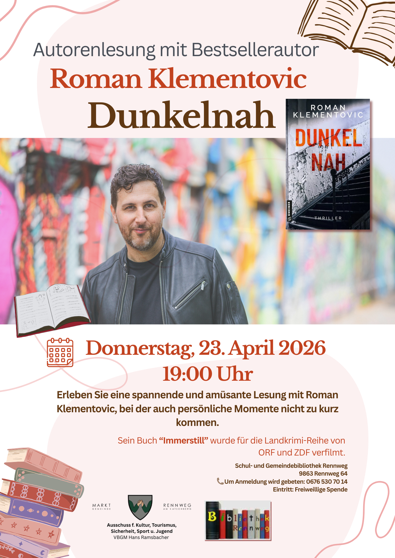 Werbeposter für eine Veranstaltung mit Roman Klementovič, Autor von 'Dunkelnah', mit seinem Foto und Buchcover, Datum und Uhrzeit sowie Beschreibung der Veranstaltung.