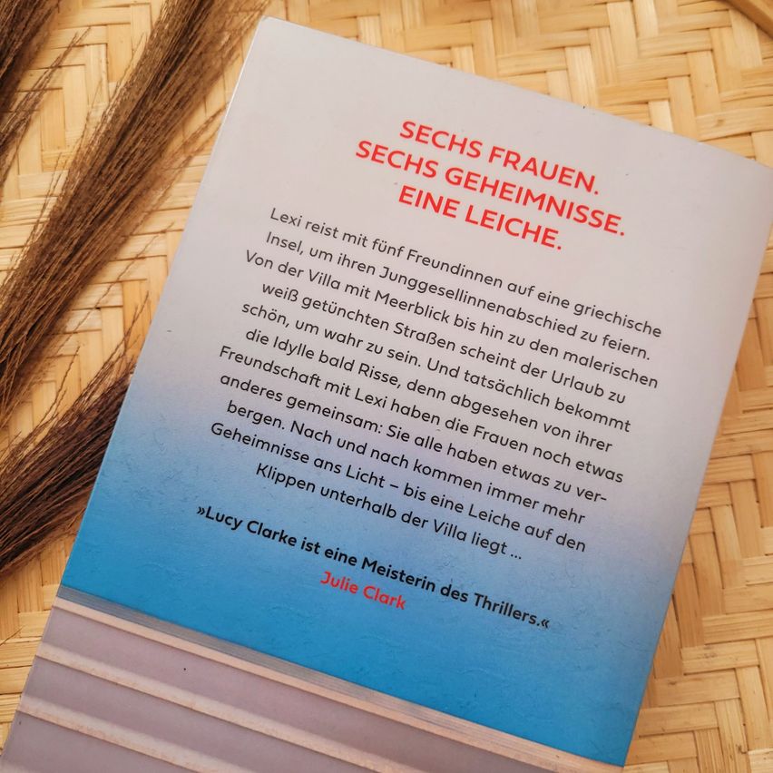 Buch mit dem Titel 'Sechs Frauen. Eine Leiche.' von Julie Clark. Der Einband hat einen blauen Hintergrund mit weißem Text. Ein Zitat von Lucy Clarke ist angezeigt, und das Buch wird als Meisterwerk der Thriller beschrieben.