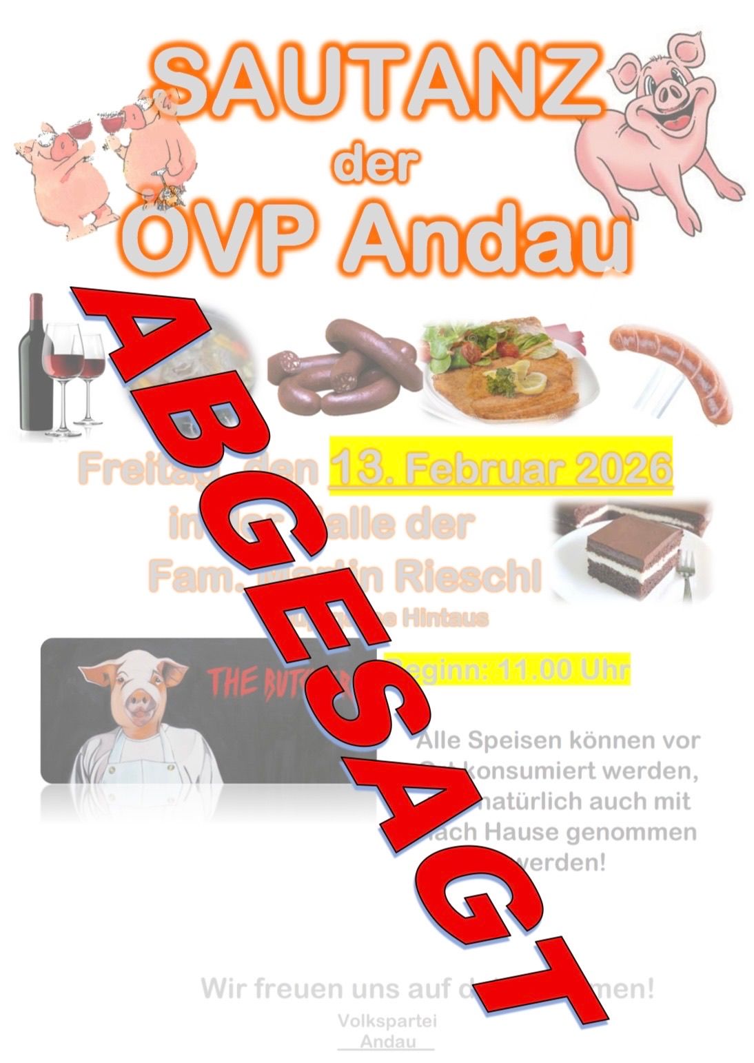 Plakat für OVP Andau-Veranstaltung am 13. Februar 2026. Zeigt Fleisch, Wein und Essen. Beginn um 11:00 Uhr. Mahlzeiten können verzehrt oder mitgenommen werden.