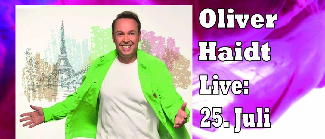 Grillabend-Veranstaltung mit Oliver Haidt live am 25. Juli um 19:30. Die Veranstaltung beginnt um 17:00. All-you-can-eat-Buffet für 23,50 Euro.