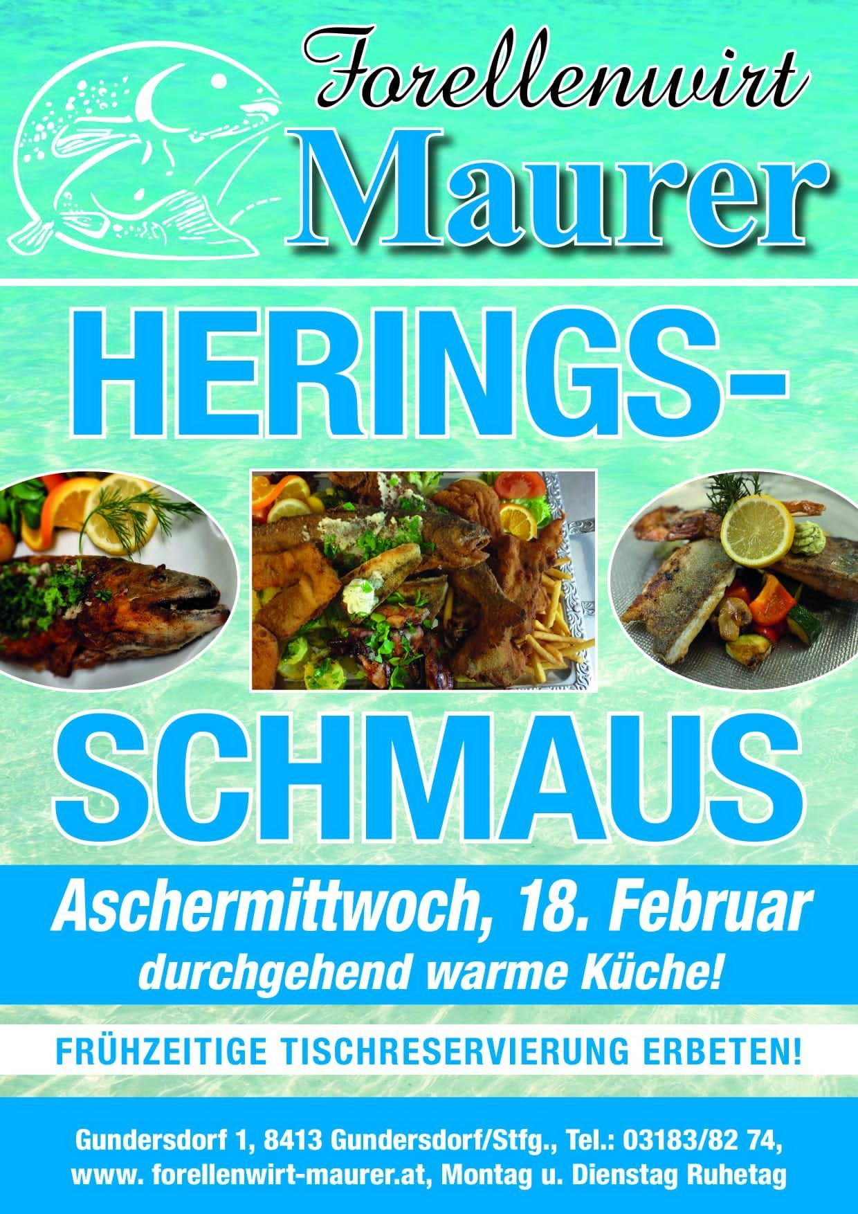Plakat für Maurers Heringwoche mit verschiedenen Fischgerichten, frischem Gemüse und einer warmen Küche am 18. Februar.