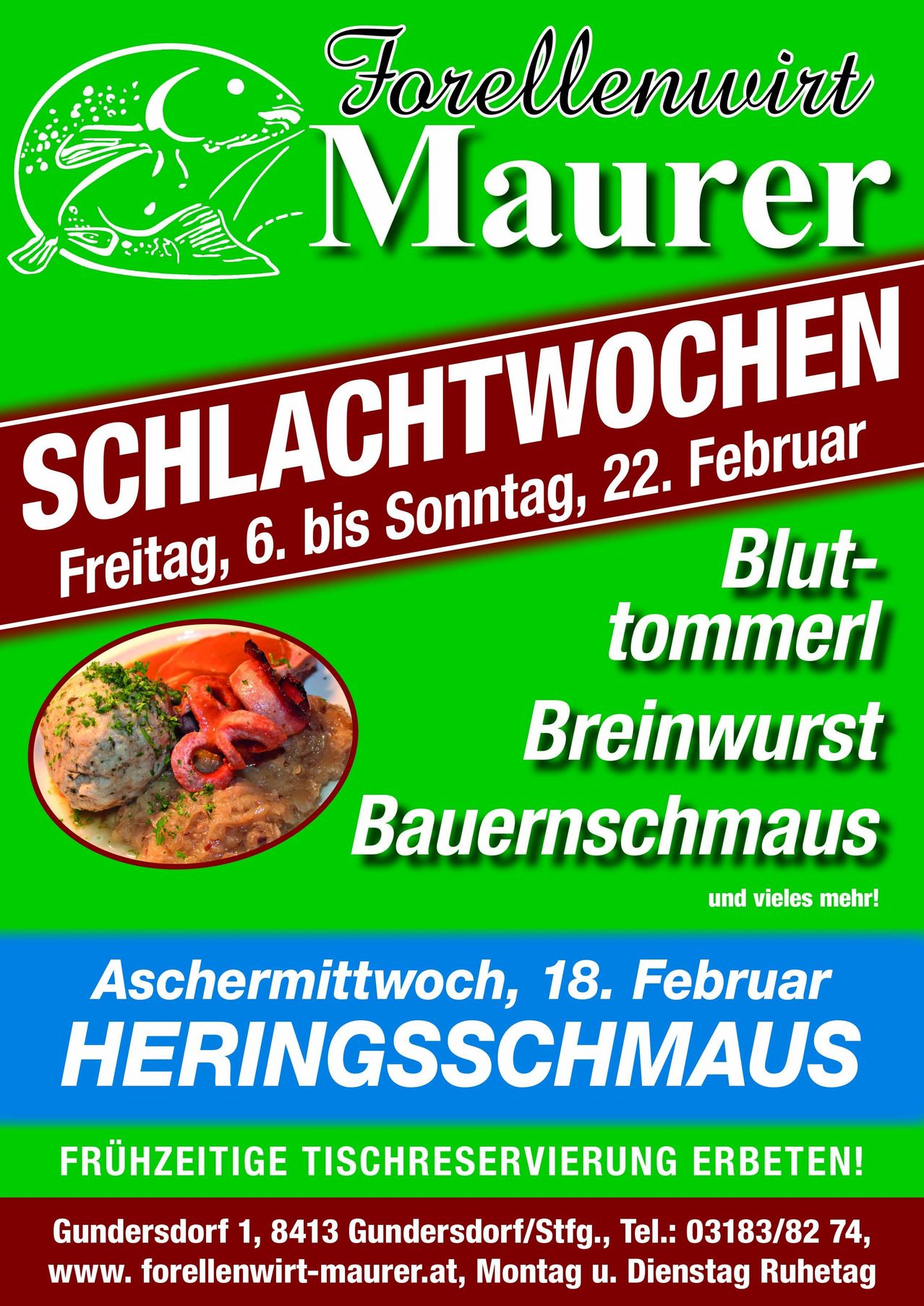 Werbeplakat für Maurers Schlachtwochen mit einem Essen aus Blutwurst, Brätwurst und Bauernschmaus. Termine vom Freitag, 6. Februar bis Sonntag, 22. Februar.