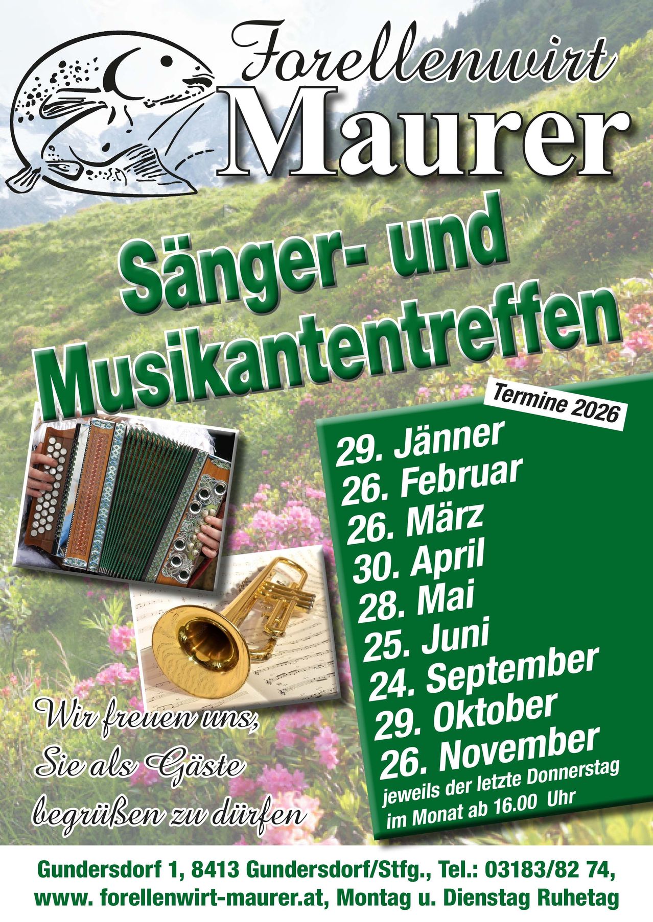 Plakat für die Maurer Sänger- und Musikantentreffen. Termine sind der 29. Januar, 26. Februar, 26. März, 30. April, 28. Mai, 25. Juni, 24. September, 29. Oktober und 26. November. Es werden Musikinstrumente und Notenblätter gezeigt.