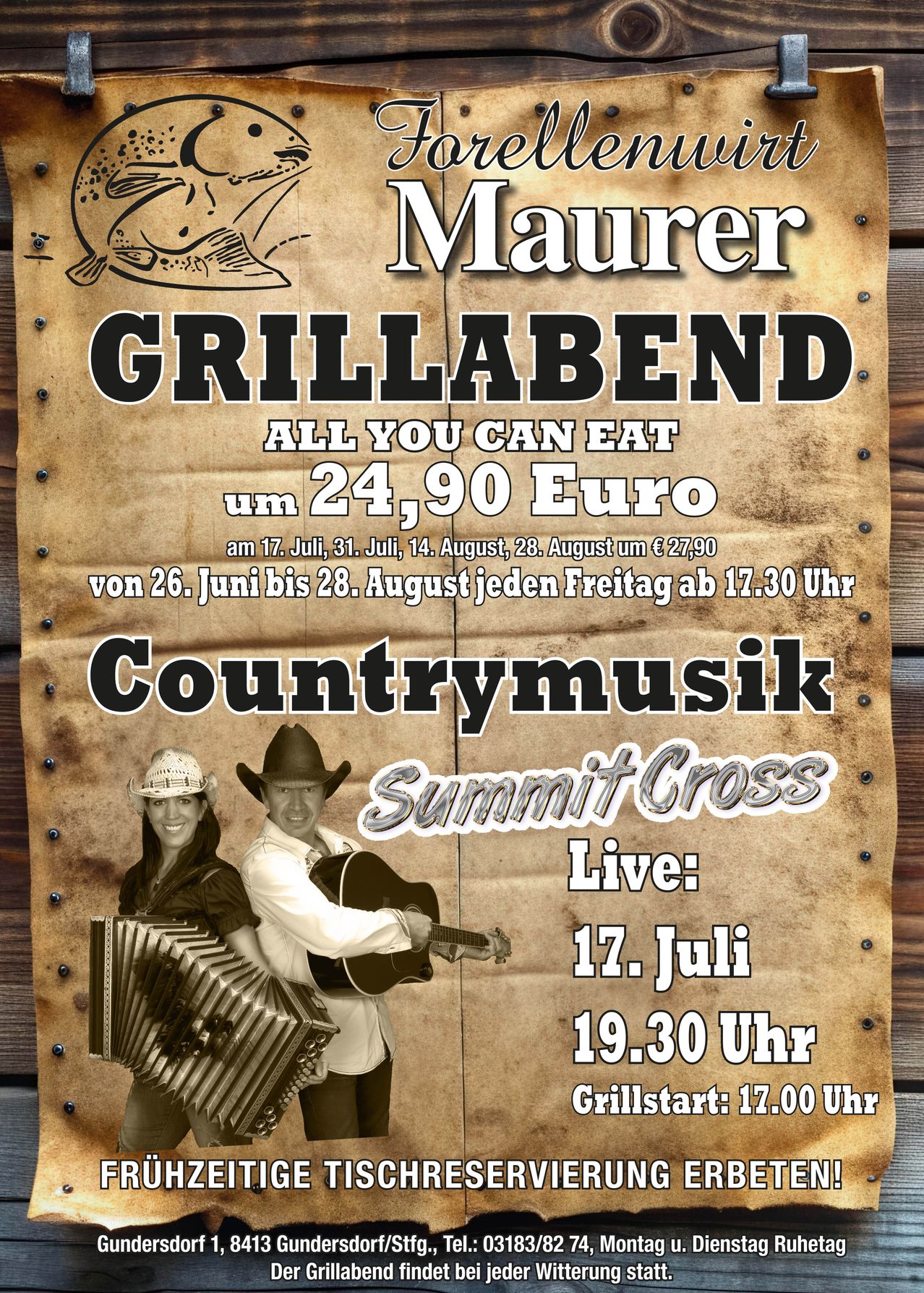 Poster for Maurer Grillabend with country music, featuring Summit Cross Live on 17th July at 19:30. All-you-can-eat buffet available for 24.90 Euro on select Fridays. Starts at 17:00.