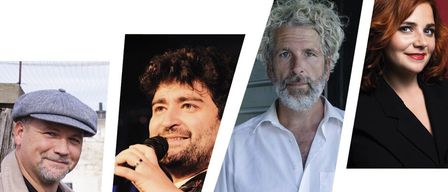 Vier Personen sind in einem Collage abgebildet. Der erste Mann trägt eine Mütze und eine Jacke. Der zweite Mann singt mit einem Mikrofon. Der dritte Mann hat ein weißes Hemd und einen Bart. Die vierte Frau hat rote Haare und trägt ein schwarzes Oberteil.