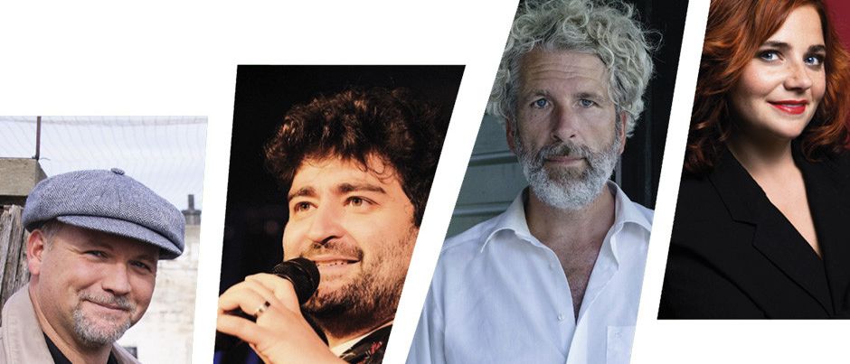 Vier Personen sind in einem Collage abgebildet. Der erste Mann trägt eine Mütze und eine Jacke. Der zweite Mann singt mit einem Mikrofon. Der dritte Mann hat ein weißes Hemd und einen Bart. Die vierte Frau hat rote Haare und trägt ein schwarzes Oberteil.