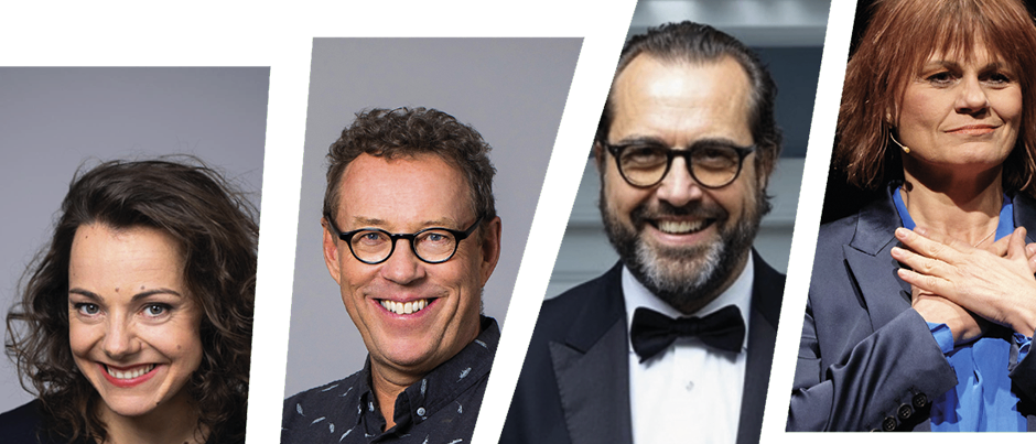 Vier Personen sind in einem zusammengesetzten Bild abgebildet. Die erste ist eine Frau in einem schwarzen Shirt, lächelt. Die zweite ist ein Mann in einer Brille, ebenfalls lächelnd. Der dritte ist ein Mann in einem Frack, lächelt, und die vierte ist eine Frau in einem Anzug, lächelt.