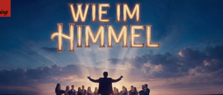 A musical performance on a balcony at dusk, with a choir and a soloist under a dramatic sky.