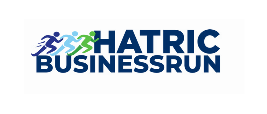 Das Bild zeigt ein Logo für 'Hatrick Business Run' mit zwei laufenden Figuren in Grün und Blau. Das Wort 'BUSINESS' ist in Blau, während 'HATRICK' in fetten blauen Buchstaben steht. Der Hintergrund ist weiß.