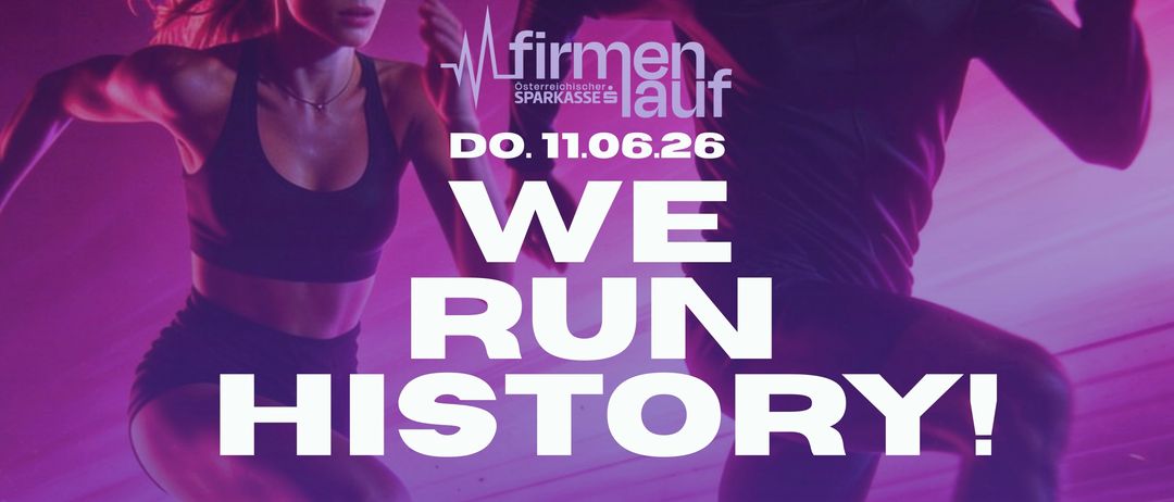 Ein Mann und eine Frau laufen auf einem lila Hintergrund. Die Frau trägt einen schwarzen Sport-BH und Shorts. Der Mann trägt ein schwarzes Shirt. Die Worte 'WIR LAUFEN GESCHICHTE!' sind in weiß geschrieben.