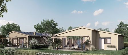 Eine künstlerische Darstellung eines modernen Hauses mit Solarpanelen, umgeben von einem Garten mit rosa Blumen und Grünpflanzen.