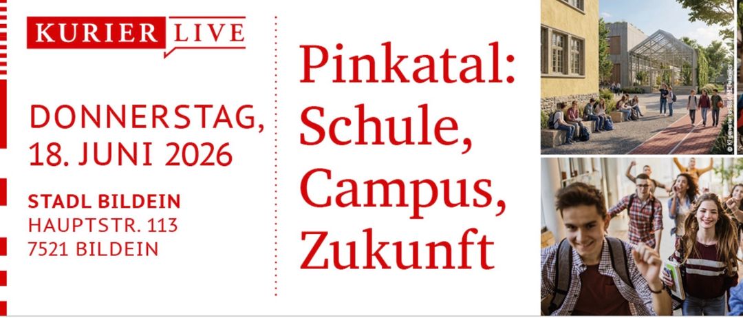 Ein Bild mit dem Text 'Pinkatal: Schule, Campus, Zukunft'. Drei Personen sitzen auf einer Steinbank vor einem gelben Gebäude. Eine weitere Person steht und lächelt.
