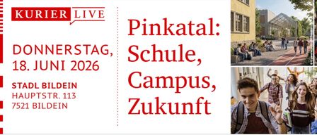 An image with text 'Pinkatal: Schule, Campus, Zukunft'. Three people are sitting on a stone bench outside a yellow building. Another person is standing and smiling.
