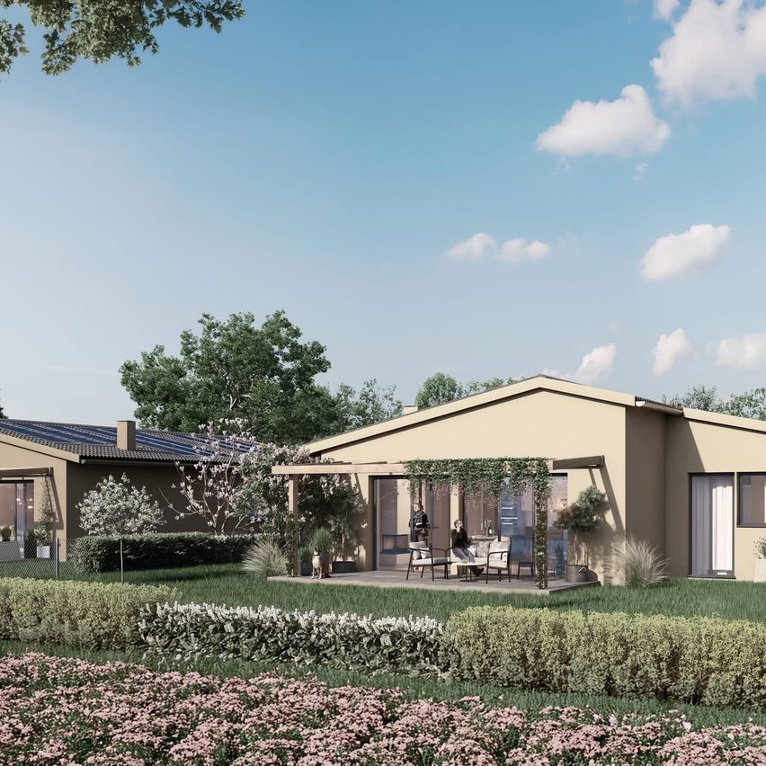 Eine moderne architektonische Darstellung eines Hauses in einer friedlichen Landschaft mit Solarpanelen, Garten und Terrasse mit Möbeln.