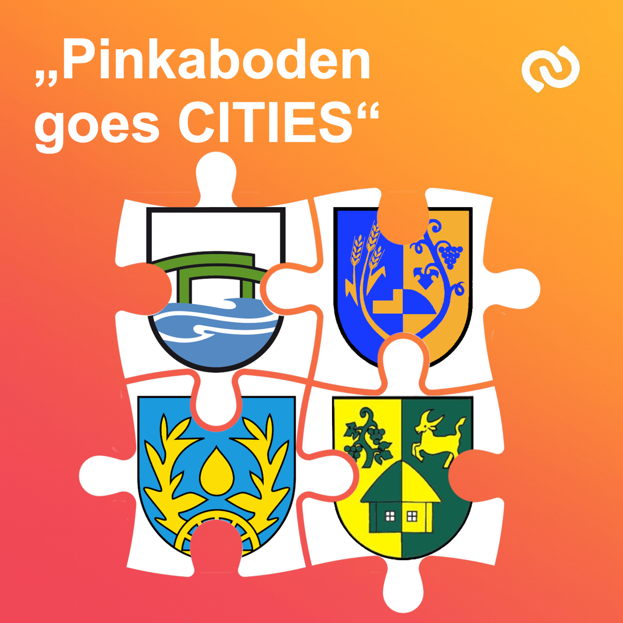 Ein Puzzle zeigt vier heraldische Wappen. Der Satz oben lautet 'Pinkaboden geht in die STÄDTE.' Jedes Puzzleteil zeigt ein anderes Wappen.