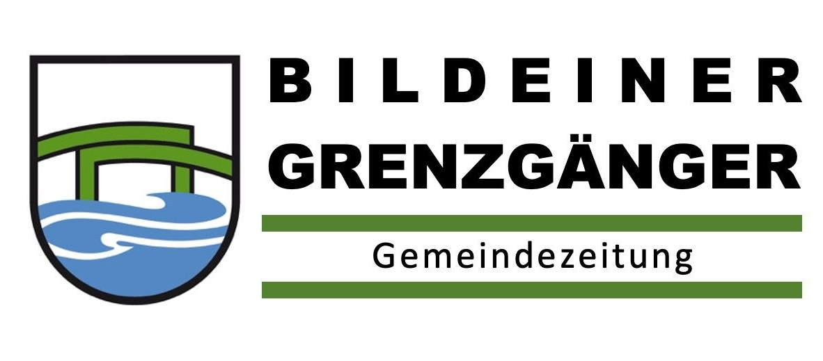 Das Logo der Gemeindezeitung Bildein Grenzgang zeigt einen blau-grünen Schild mit einer Wellenlinie. Der Name der Zeitung steht in schwarzem Text geschrieben.