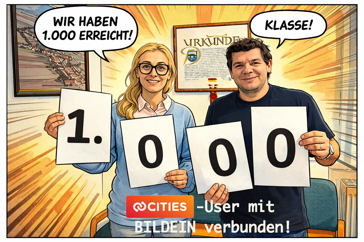 Zwei Personen halten Schilder mit den Zahlen 1 und 0000, lächeln und posieren für ein Foto. Ein Sprechblase über ihnen sagt 'Wir haben 1000 erreicht!'. Dahinter ist ein Diplom an der Wand.