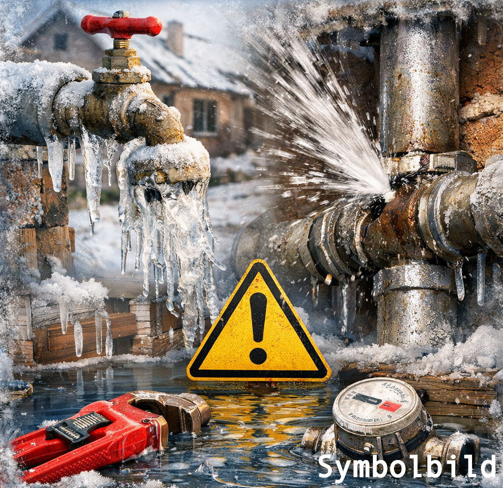 Eisbedeckte Wasserleitungen mit Eiszapfen und einem Warnschild vor einem Haus, wobei Wasser aus einer Leitung spritzt.