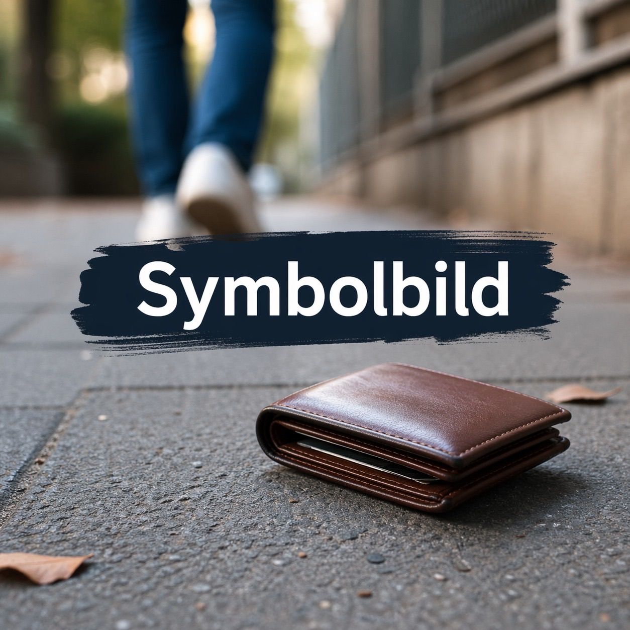 A brown wallet lies on the sidewalk, with 'Symbolbild' in blue letters above it, and a person in blue jeans walks in the background.