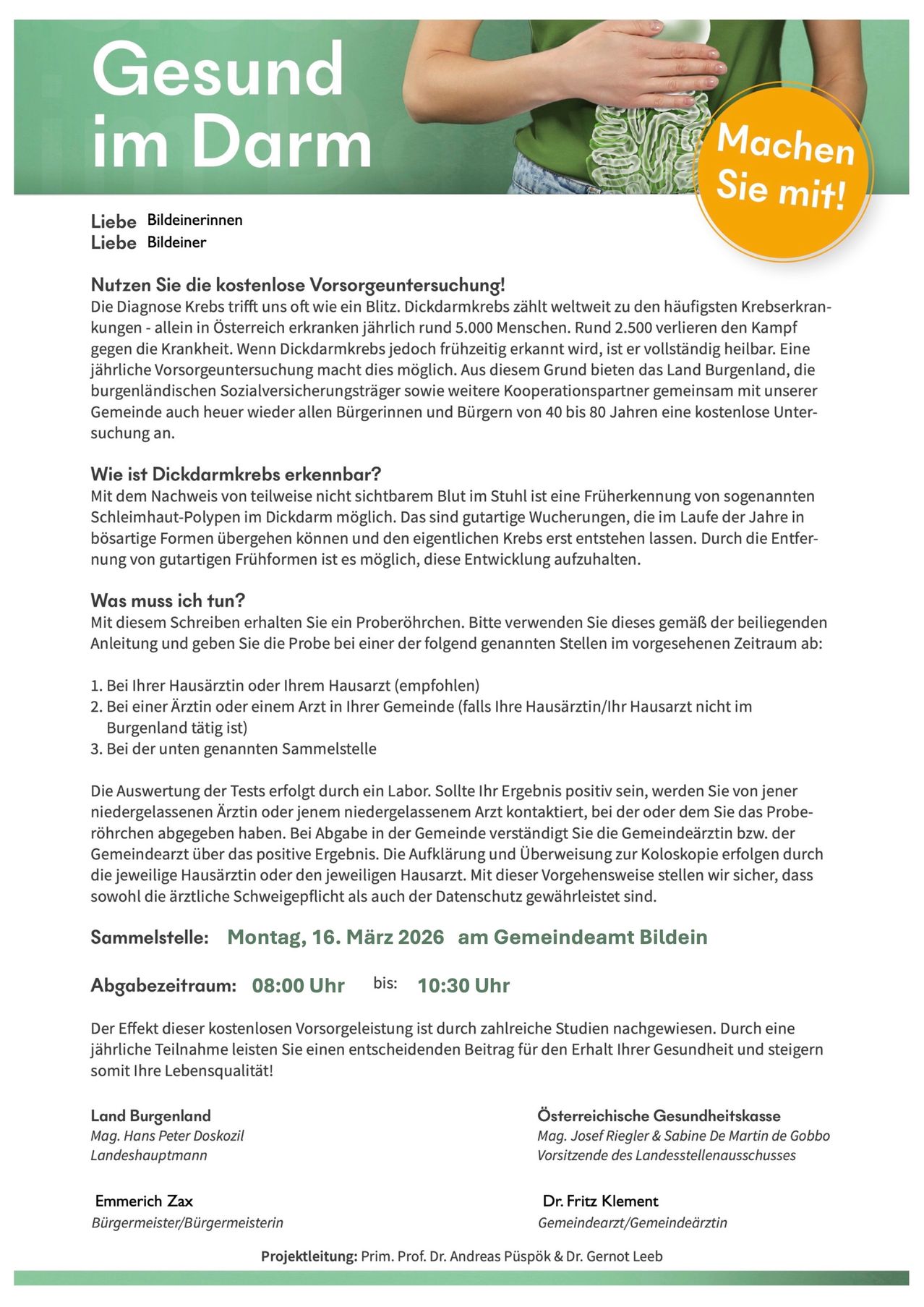 Das Bild informiert über eine kostenlose Brustkrebsvorsorgeuntersuchung im Land Burgenland. Es betont die Bedeutung der Früherkennung und beschreibt den Ablauf der Probenentnahme. Die Veranstaltung ist für den 16. März 2026 geplant und ruft Frauen zur Teilnahme auf.