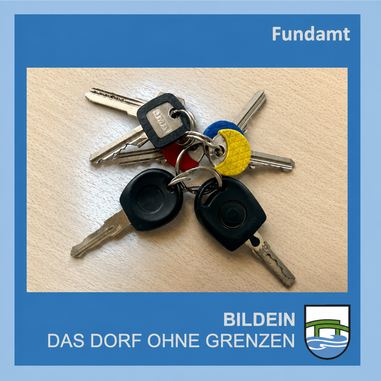 Eine Sammlung von Autoschlüsseln in verschiedenen Farben und Formen, auf einer Holzoberfläche platziert. Die Schlüssel sind so angeordnet, dass sie zu verschiedenen Fahrzeugen gehören. Über den Schlüsseln steht der Text 'Fundamt' und darunter 'Bildein Das Dorf ohne Grenzen'.