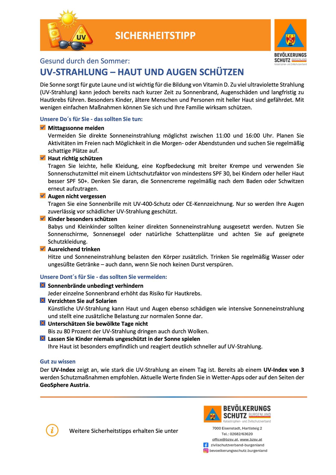 Ein Infografik bietet Tipps zum Sonnenschutz, einschließlich Vermeidung direkter Sonneneinstrahlung zwischen 11:00 und 16:00 Uhr, Tragen von Schutzkleidung, Verwendung von Sonnenbrillen mit UV-400-Schutz und ausreichendes Trinken. Es warnt auch vor Sonnenbrand und den Risiken künstlicher UV-Exposition.