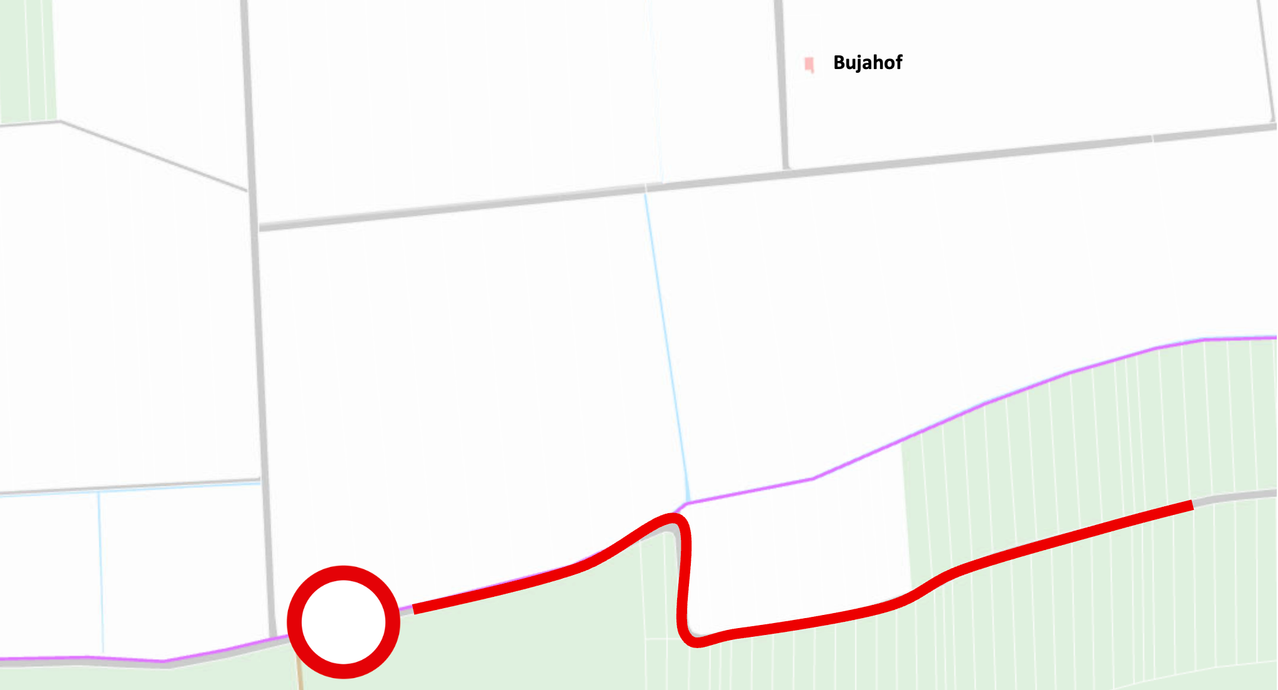Eine Karte mit einer roten Linie, die eine Route anzeigt, markiert mit einem roten Kreis unten links. Die Karte ist mit 'Bujahof' beschriftet.