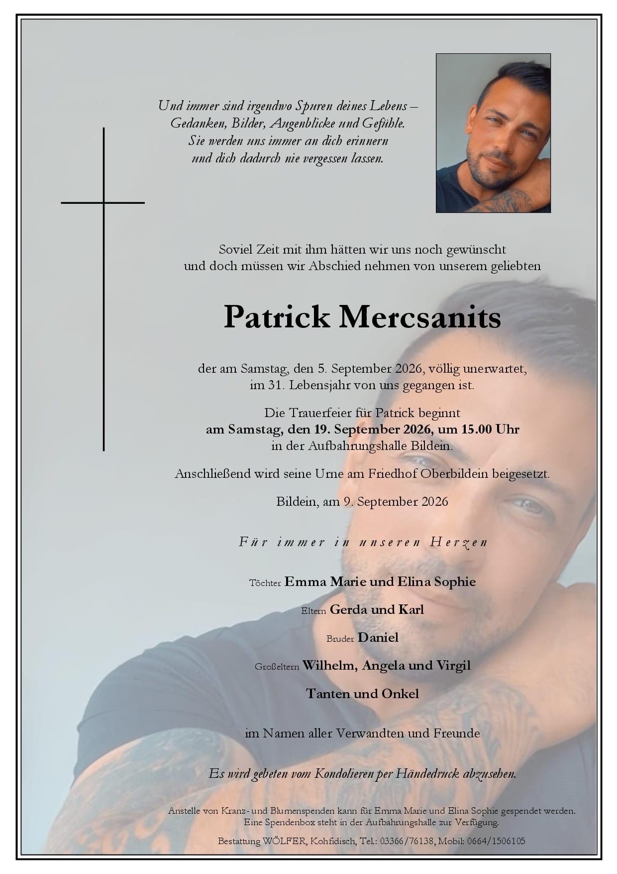 Gedenkkarte für Patrick Mercsanits, der im Alter von 31 Jahren verstarb. Die Trauerfeier findet am 19. September 2026 um 15:00 Uhr in Bildein statt. Die Beisetzung erfolgt auf dem Friedhof Oberbildein.