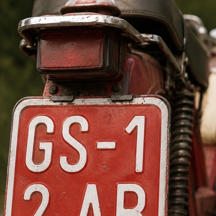 Eine Nahaufnahme eines roten Motorrad-Kennzeichens mit 'GS-1 2 AR' in weißen Buchstaben. Das Schild ist auf der Rückseite des Motorrads angebracht.