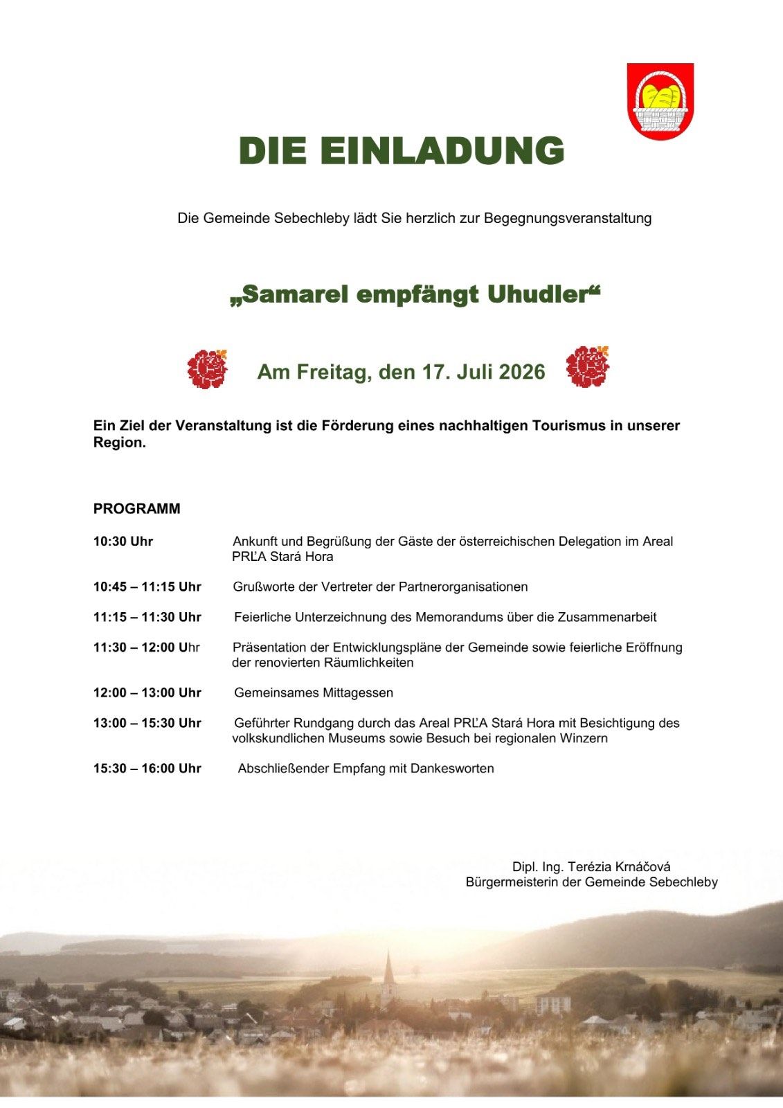 Poster for a welcoming event in Sebebly, featuring a schedule with activities from 10:00 AM to 4:00 PM, including welcome, speeches, memorandum signing, presentation, lunch, guided tour, and closing.