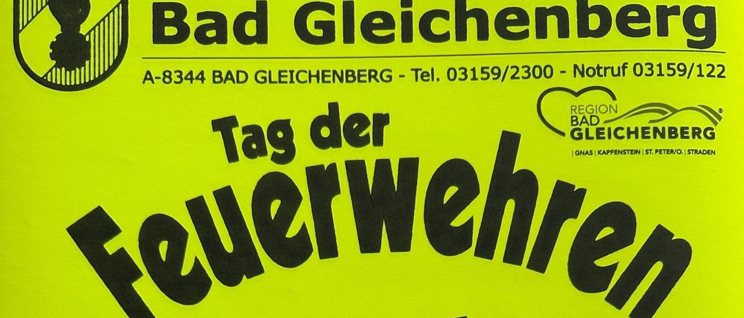 Plakat mit schwarzem Text auf gelbem Hintergrund, es steht Florianitag, Samstag, 4. Mai 2025, Florianimesse um 10:00 am Hauptplatz, bei schlechtem Wetter in der Pfarrkirche.