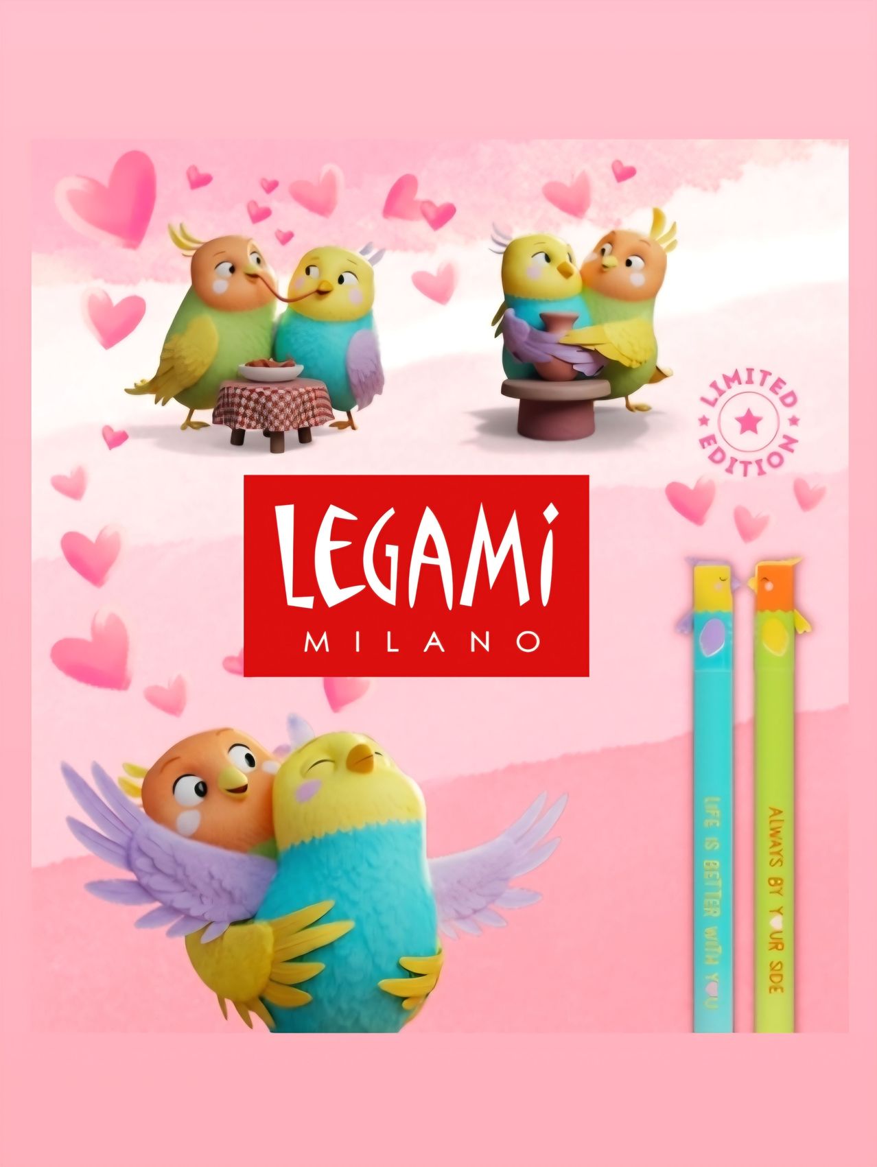 Legami Milanos Valentinstagsaktion zeigt farbenfrohe animierte Vögel, ein limitiertes Produkt und zwei Stifte mit motivierenden Botschaften.